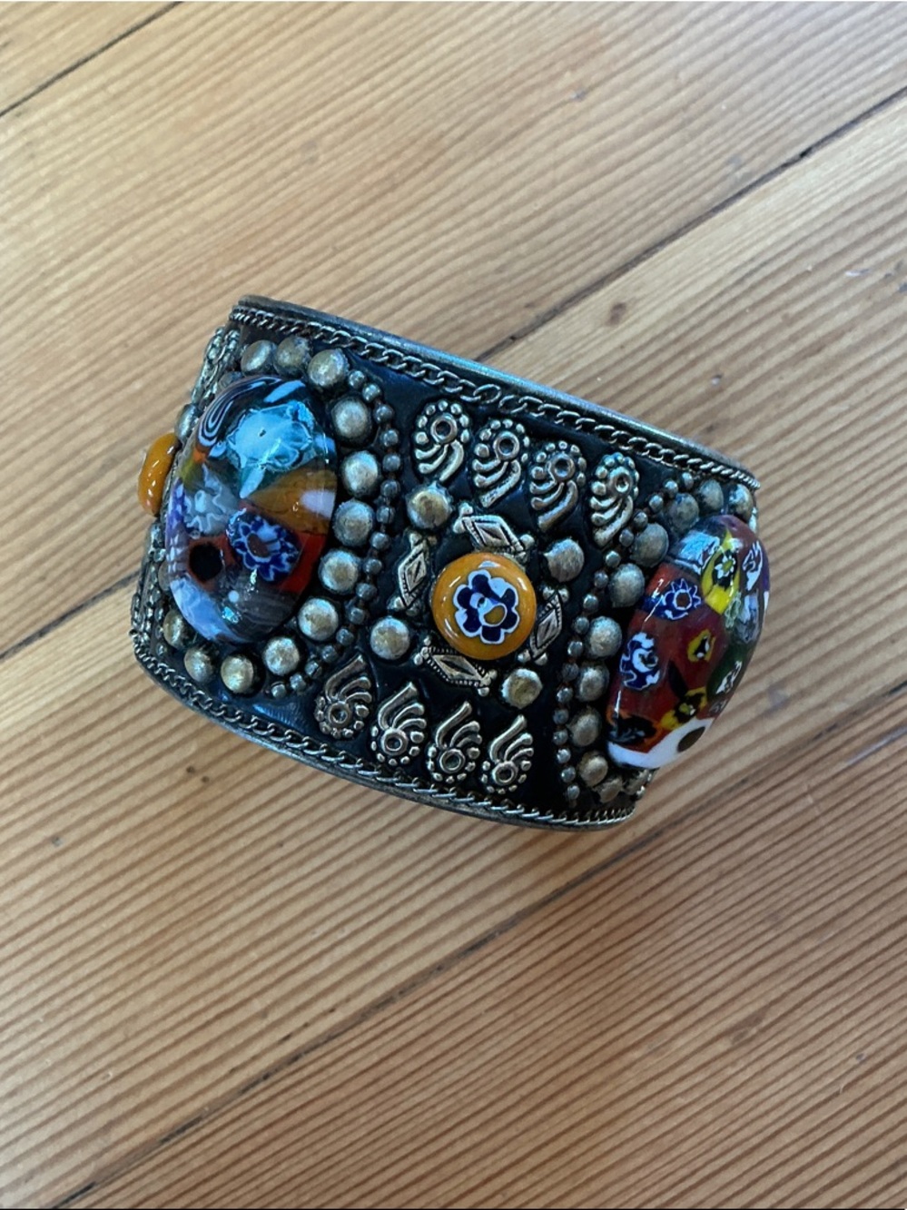 Boho Millefiore Glass and Metal Cuff Bracelet - Multicolor